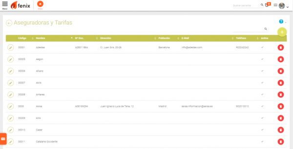 Pantalla de Fenix con la gestión de aseguradoras de la clínica