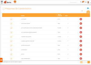 Pantalla de Fenix con la configuración de los cuestionarios que la clínica realiza a sus pacientes