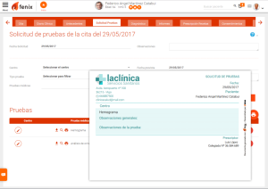 Pantalla de Fenix de petición de pruebas, así como de su volante generado