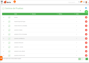 Pantalla de Fenix con la configuración de las pruebas que la clínica realiza o solicita a sus pacientes