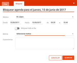 Pantalla donde se bloquea un día en la agenda de un médico